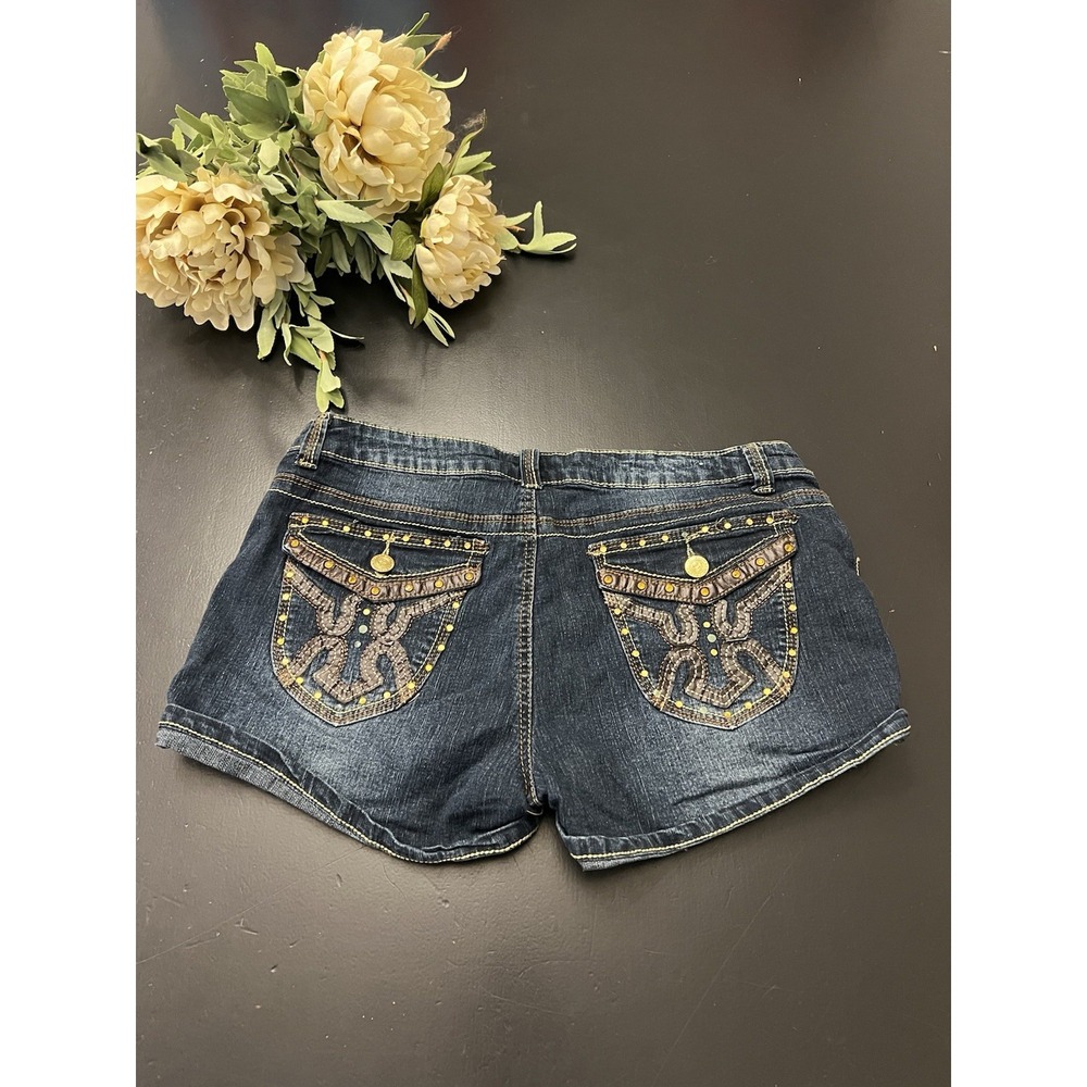 Tough Club Y2K Low Rise Denim Bling Pocket Stretch Cuffed Jean Shorts Sz 13